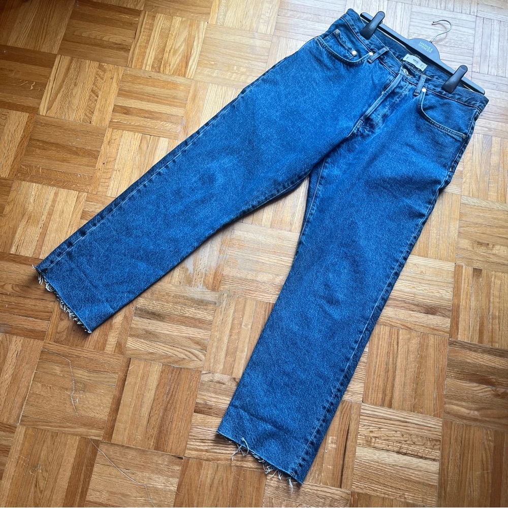 Mango MNG high waisted cropped raw hem Jean 8, button fly.